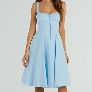 Windsor Light Blue Corset Lace-Up A-Line Midi Milkmaid Dress